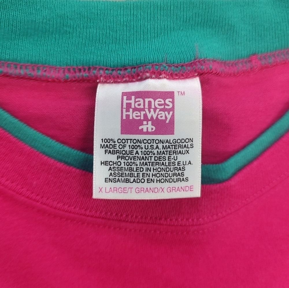Vintage Hanes Her Way Pink Green Round Neck Short Sleeve Shirt Size XL - Picture 2 of 5